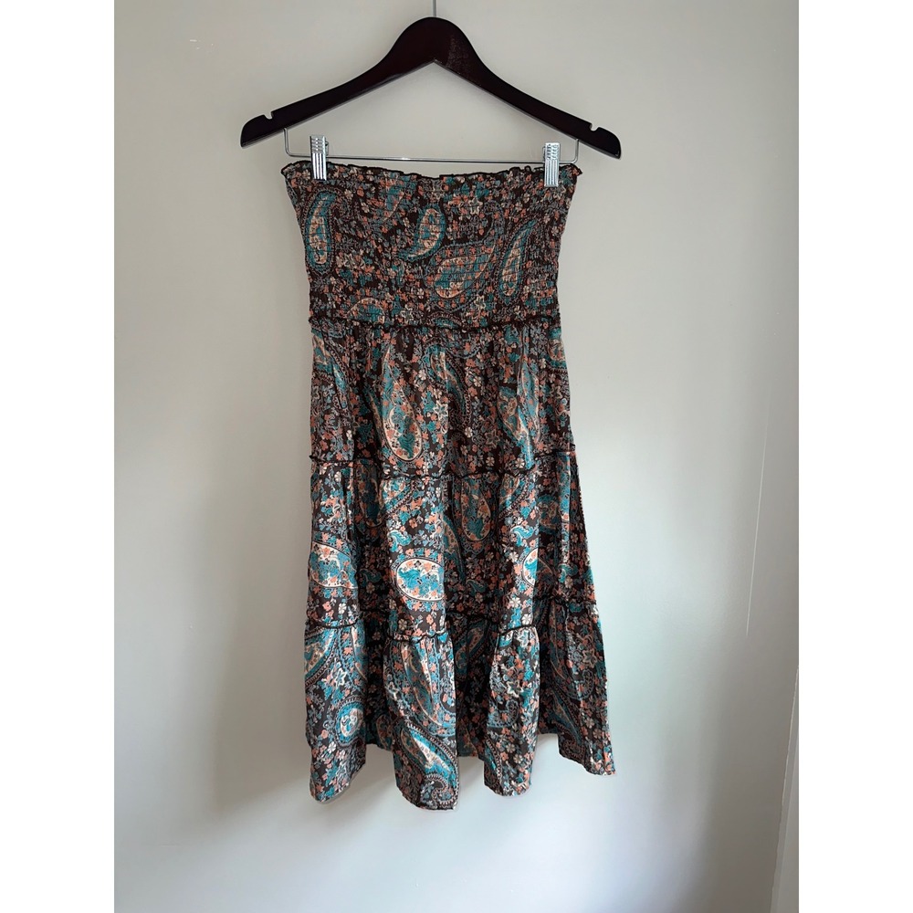 Mudd Paisley Tiered Dress Women S Brown EUC Smocked Boho Cotton‎ Strapless Mini